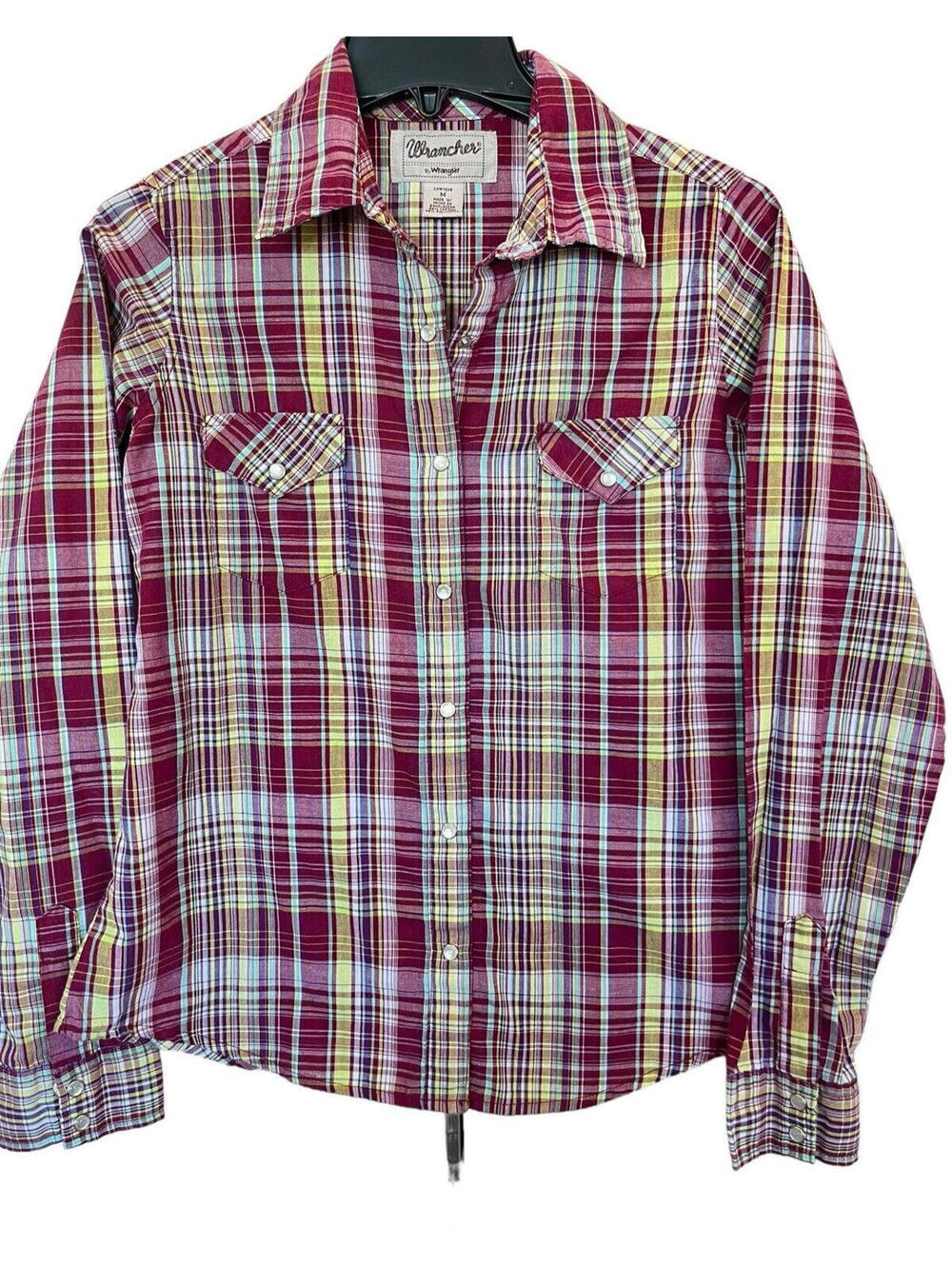 Wrangler Wrancher Pearl Snap Womens Burgundy Plaid Western Top Shirt Sz Medium